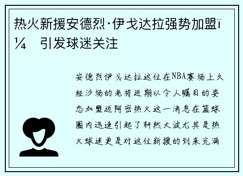 热火新援安德烈·伊戈达拉强势加盟，引发球迷关注