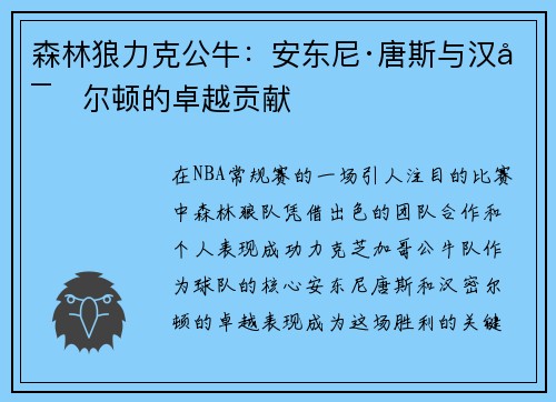 森林狼力克公牛：安东尼·唐斯与汉密尔顿的卓越贡献