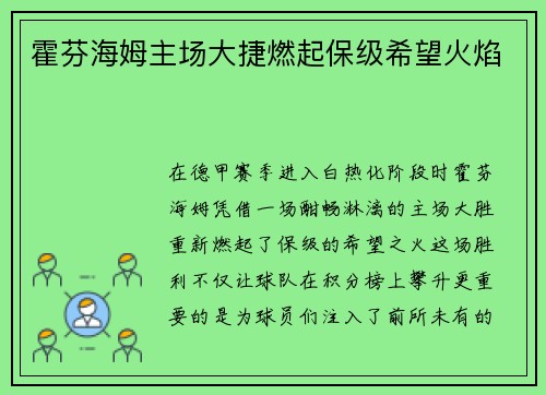 霍芬海姆主场大捷燃起保级希望火焰
